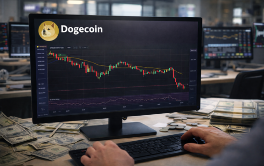 A trader’s hands operate a keyboard while monitoring a Dogecoin candlestick chart on a desktop monitor in a financial office setting.