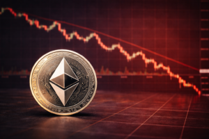 An Ethereum coin placed in front of a red downward cryptocurrency price chart showing a market decline.
