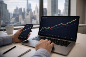 An investor checks rising cryptocurrency charts on a laptop and smartphone with a city skyline visible through the office window.